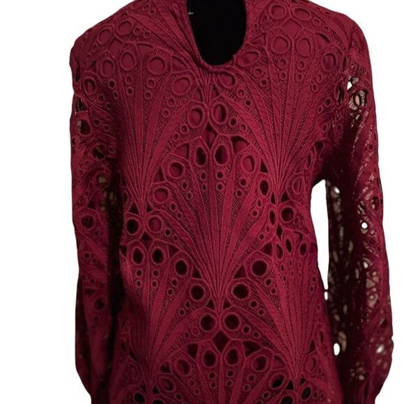 Ultra Pink Women's Red eyelet Blouse High Neck Lantern Sleeves Standard Size S - Picture 2 of 6